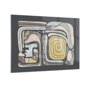 Glastavla - Bild på glas - Geometrisk abstraktion i jordnära toner mot svart bakgrund - 70x50cm - Abstraktion i en förcolumbiansk anda - Modern väggdekoration för vardagsrum och sovrum ARTTOR