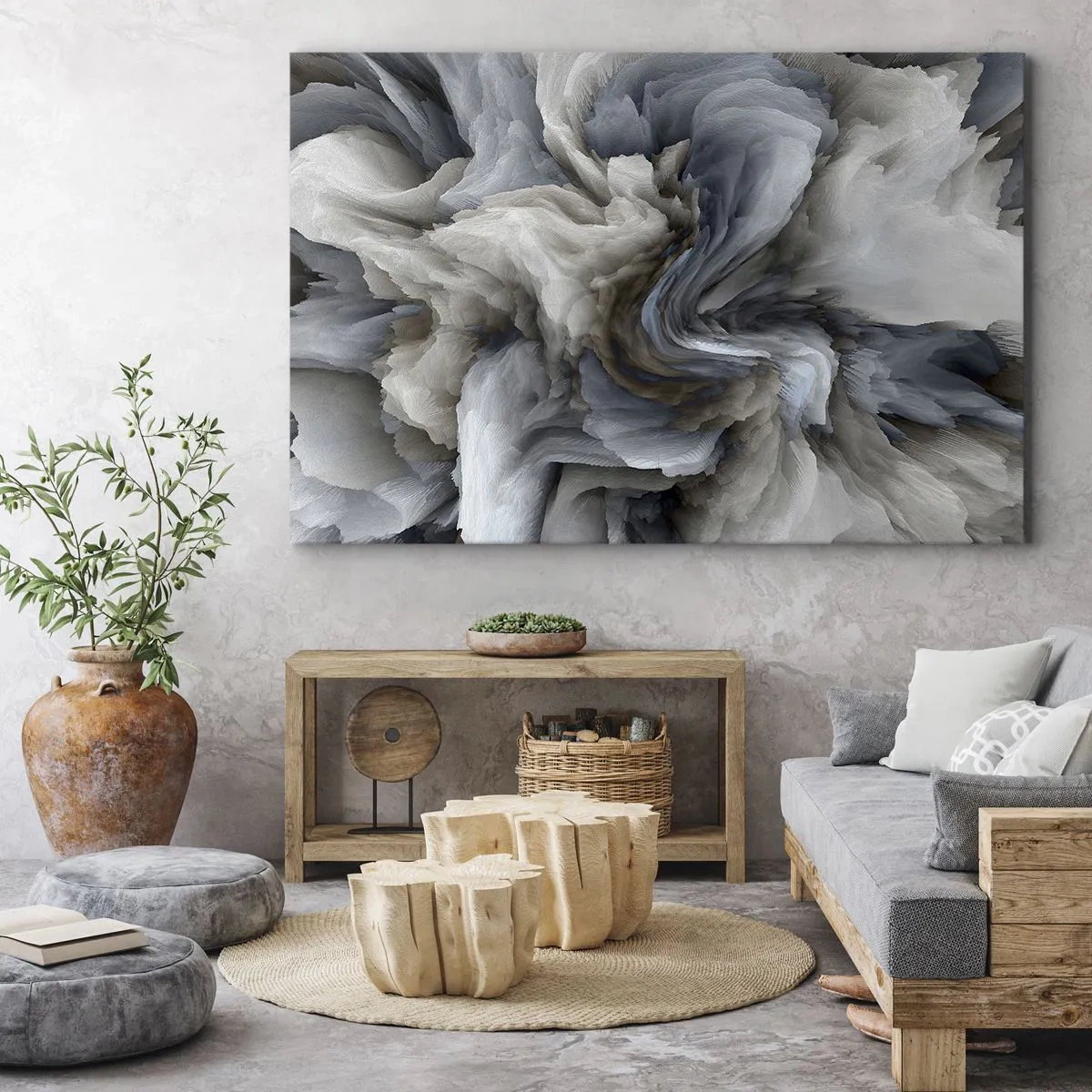 Canvastavla - Bild på duk - Abstrakt virvel i nyanser av grått och blått - 70x50cm - Sten och blomma - Modern väggdekoration för vardagsrum och sovrum ARTTOR