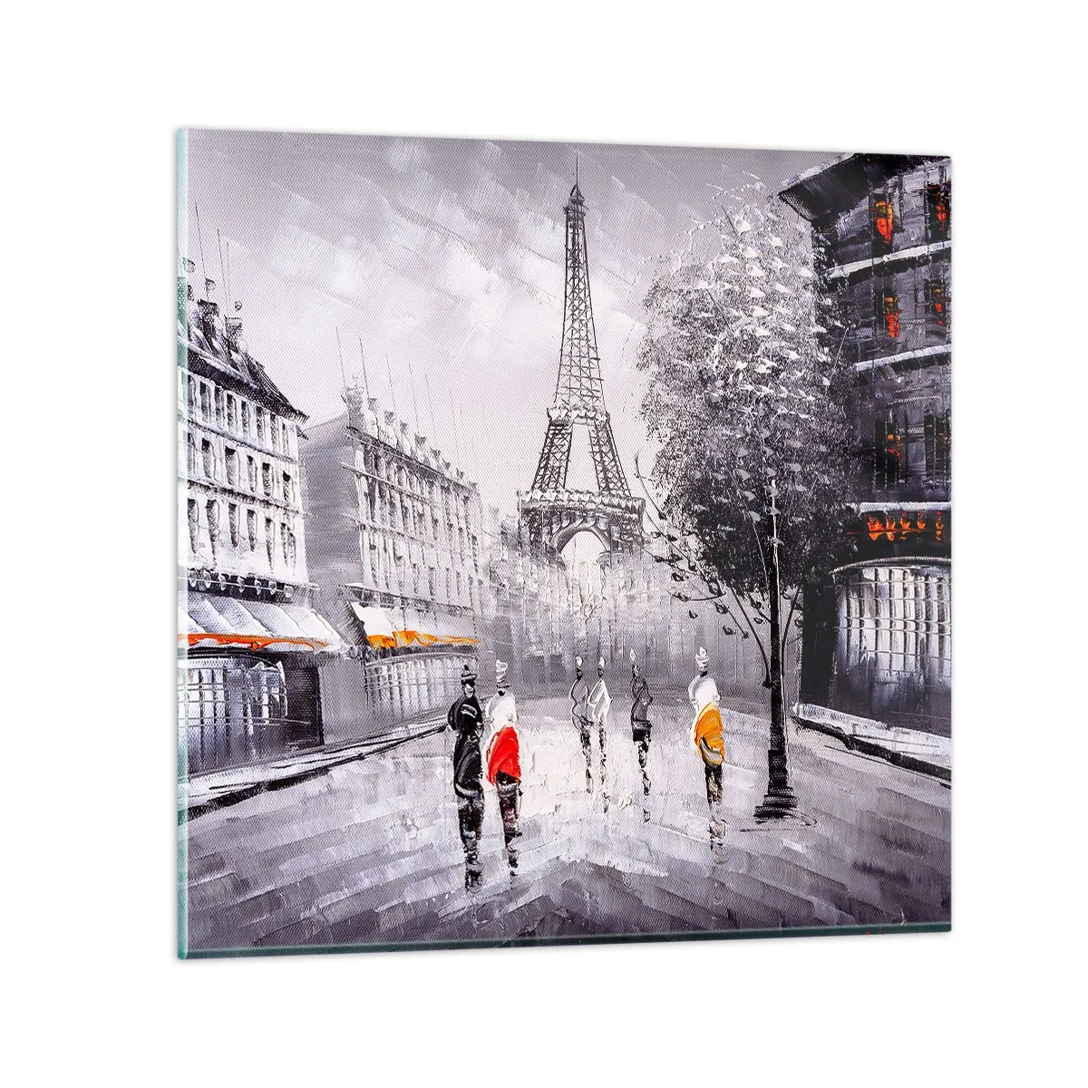 Glastavla - Bild på glas - Promenad i Paris - 70x70 cm