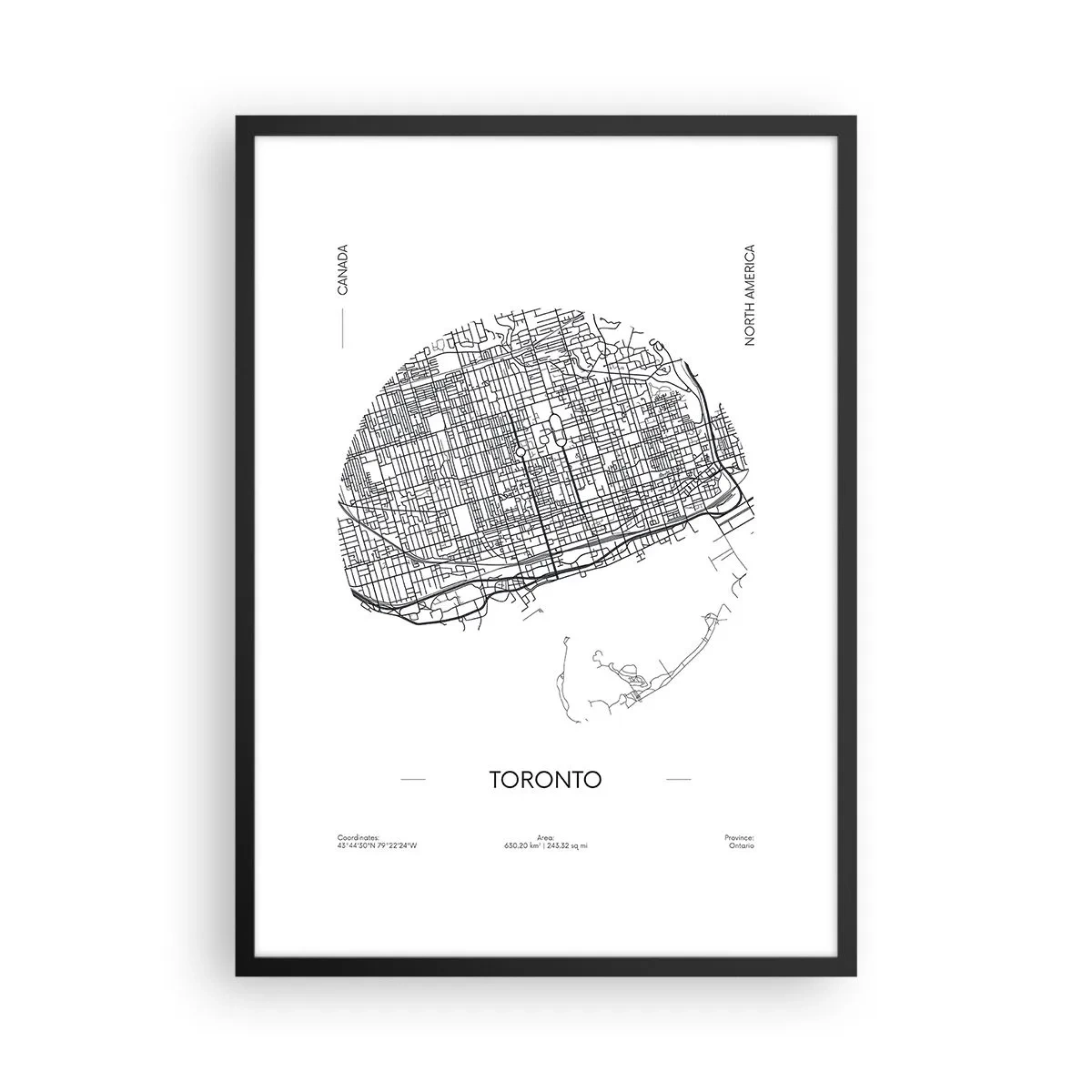 Affisch i svart ram - En minimalistisk svartvit karta över Toronto - 50x70cm - Torontos anatomi - Modern väggdekoration för vardagsrum och sovrum ARTTOR