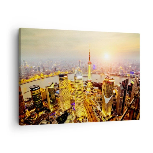 Canvastavla - Bild på duk - Stadspanorama med skyskrapor vid solnedgången - 70x50cm - Asiatisk dröm - Modern väggdekoration för vardagsrum och sovrum ARTTOR