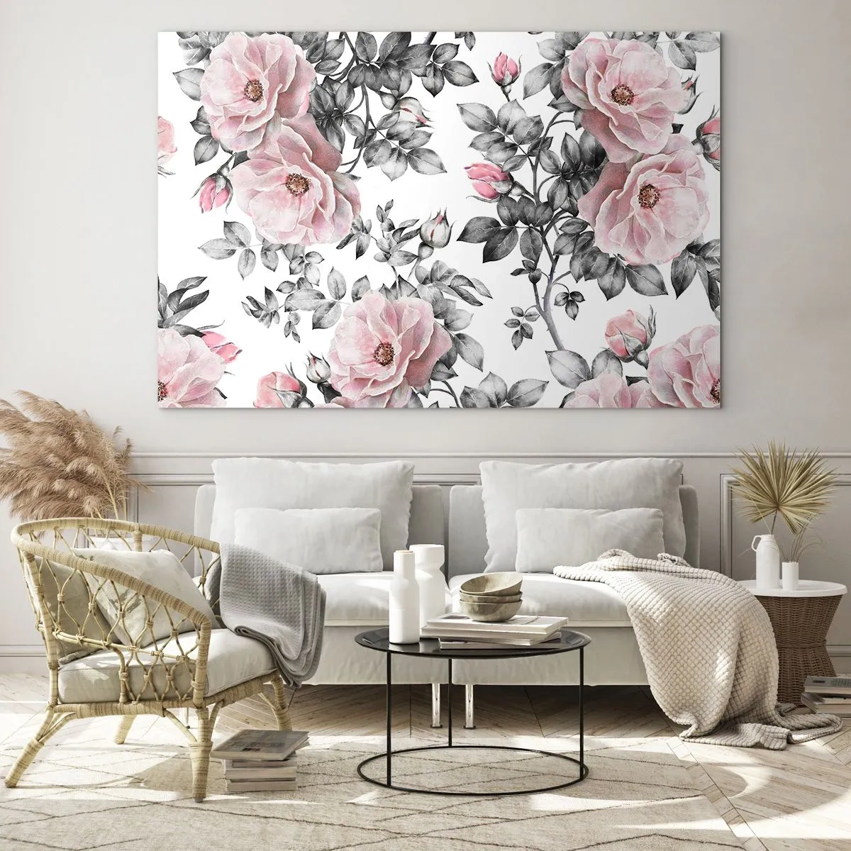 Glastavla - Bild på glas - Försvinn bland rosblommorna - 70x50cm - Tappa sig i rosblommorna - Modern väggdekoration för vardagsrum och sovrum ARTTOR
