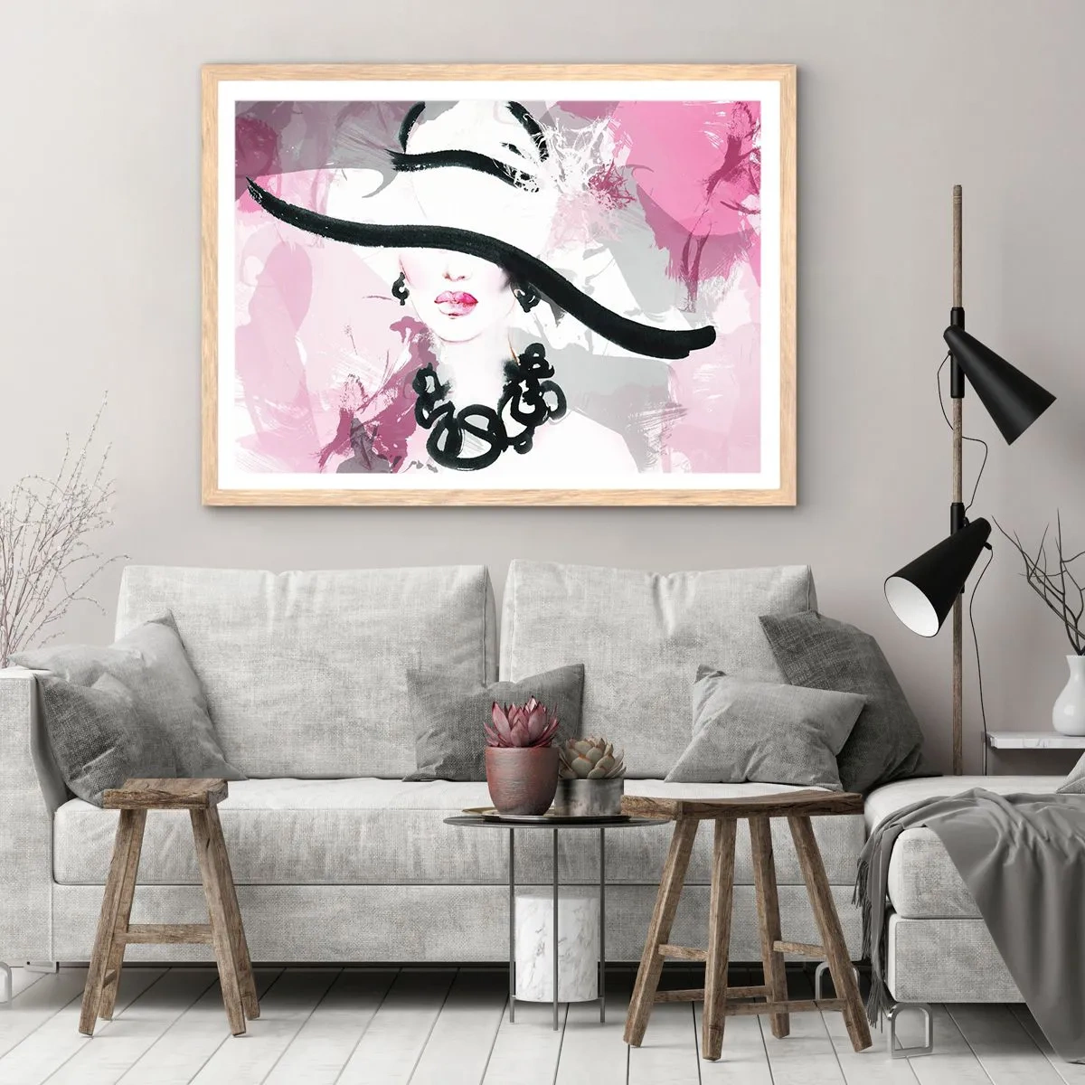 Affisch i ram av ljusek - En damportätt i svart och rosa - 50x40 cm