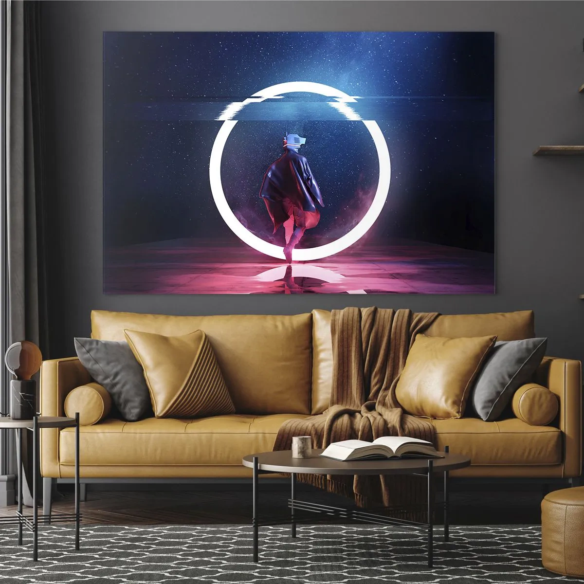 Glastavla - Bild på glas - En figur i en futuristisk miljö med en neonring - 70x50cm - Mellan världar - Modern väggdekoration för vardagsrum och sovrum ARTTOR