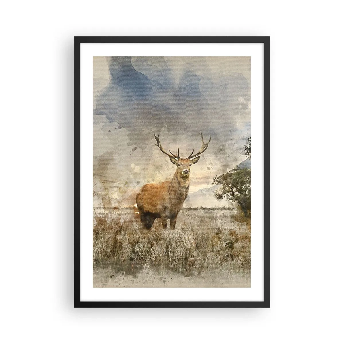 Affisch i svart ram - Hjort mot en naturlig bakgrund i målerisk stil - 50x70cm - Värdighet - styrka - dignitet - Modern väggdekoration för vardagsrum och sovrum ARTTOR