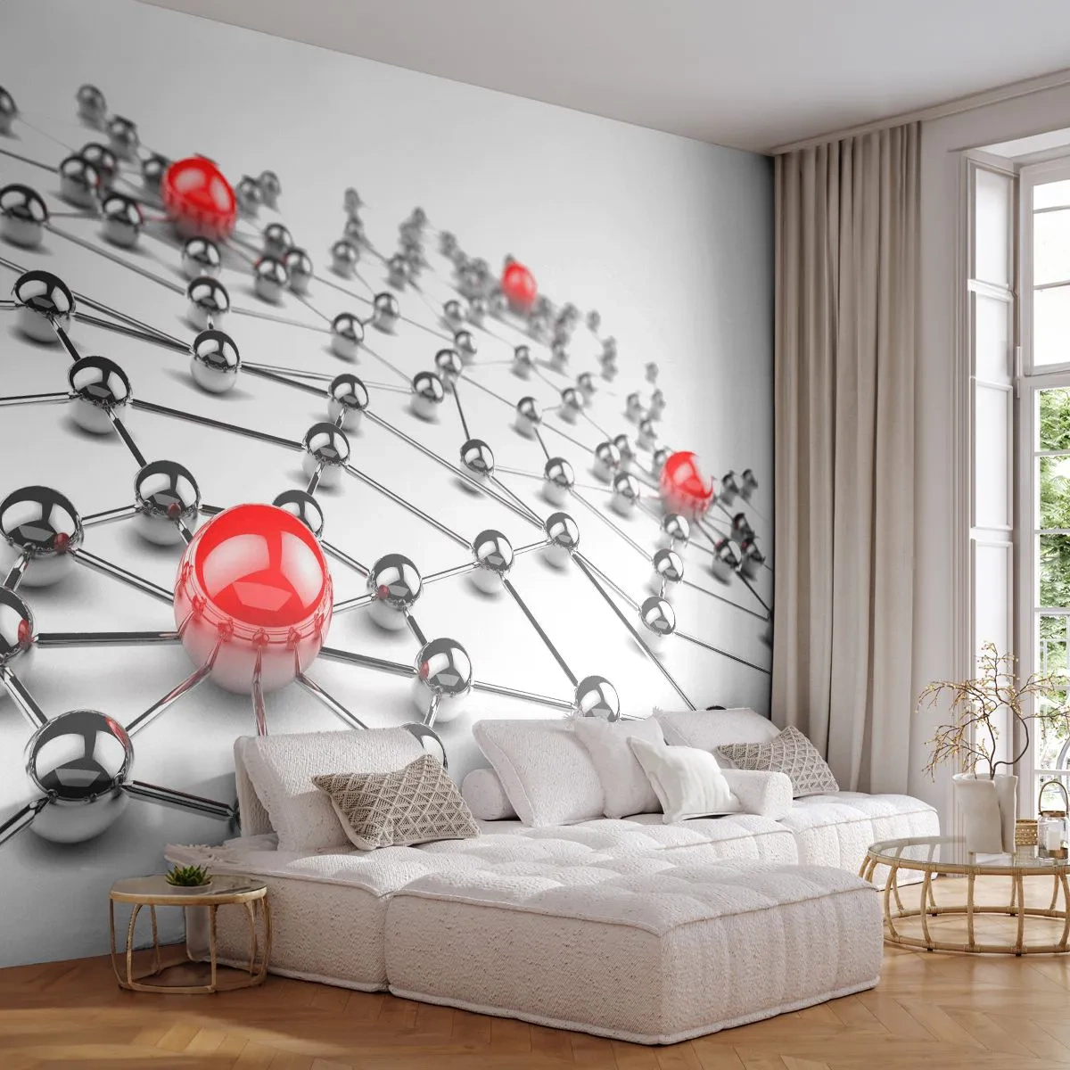 Fototapet Premium Sand - Silvernät - Abstraktion, Metallkulor, 3D - 100x70 cm