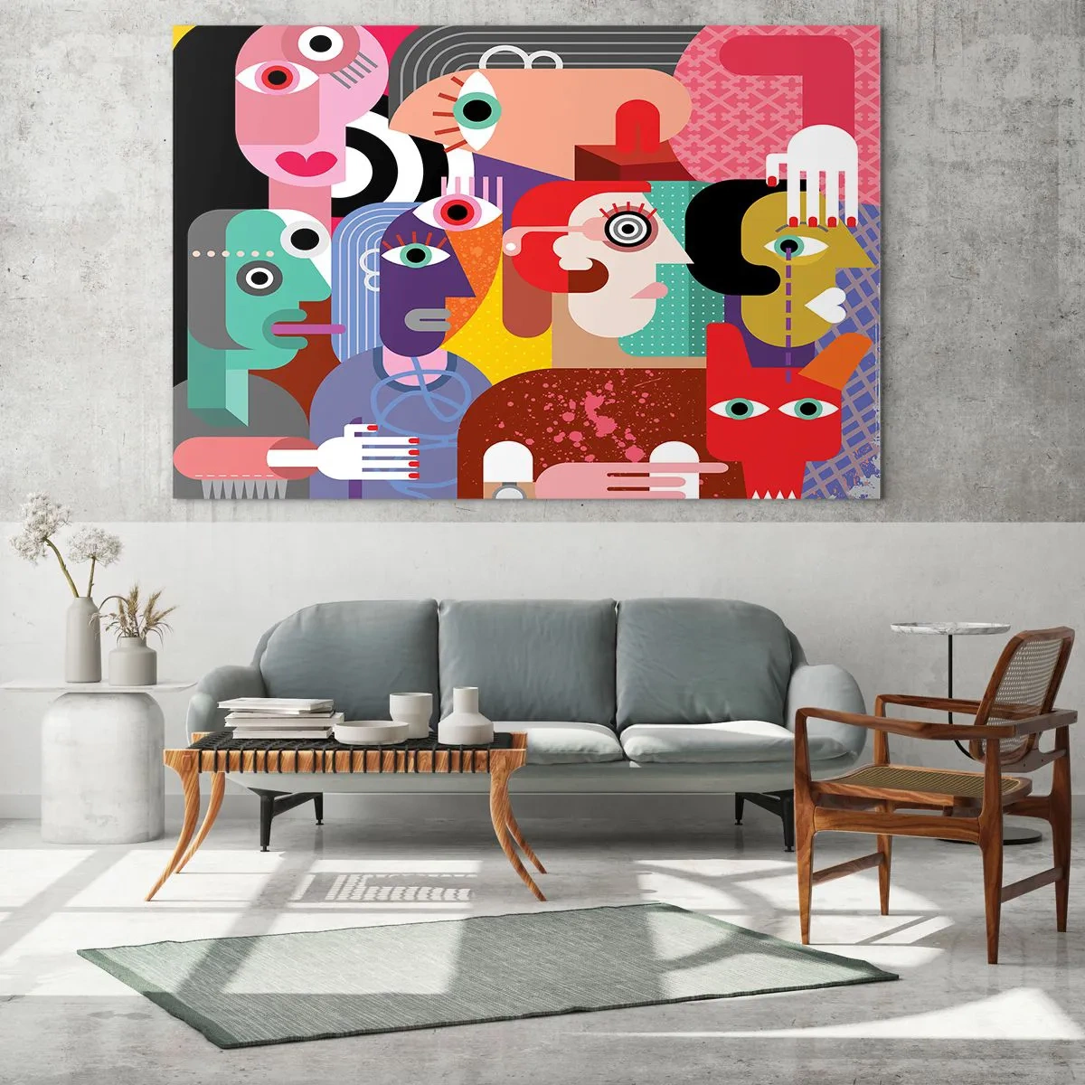 Glastavla - Bild på glas - Abstrakt komposition av ansikten i livfulla färger - 70x50cm - Vi är från Picasso - Modern väggdekoration för vardagsrum och sovrum ARTTOR