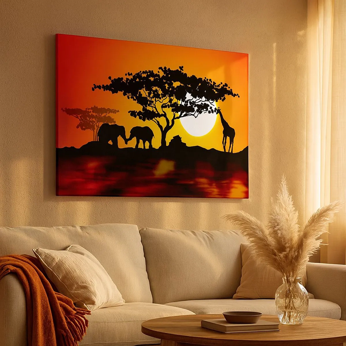 Canvastavla - Bild på duk - Afrikansk solnedgång med silhuetter av elefanter och giraffer över vattnet - 70x50cm - Ett möte ute i savannen - Modern väggdekoration för vardagsrum och sovrum ARTTOR