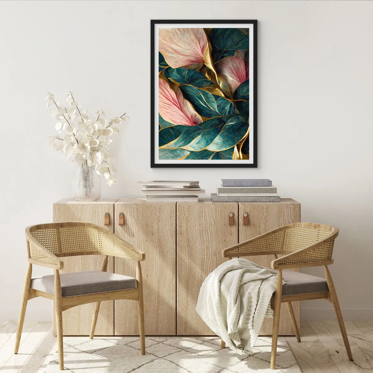Affisch i svart ram - En elegant komposition av löv i nyanser av grönt, guld och rosa - 50x70cm - Naturlig elegans och stil - Modern väggdekoration för vardagsrum och sovrum ARTTOR