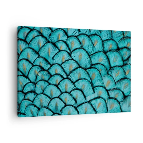Canvastavla - Bild på duk - Ett mönster som liknar turkosa fjäll med gulddetaljer - 70x50cm - Den stora fjädergalan - Modern väggdekoration för vardagsrum och sovrum ARTTOR