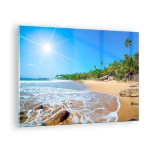 Glastavla - Bild på glas - Tropisk strand med palmer och vågor under en blå himmel - 70x50cm - Exotisk plats för dig - Modern väggdekoration för vardagsrum och sovrum ARTTOR