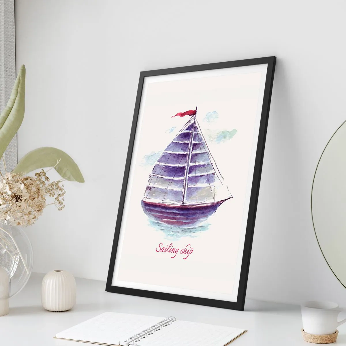 Affisch i svart ram - Akvarell illustration av ett segelfartyg på lugnt vatten - 50x70cm - Fulla seglar och lugnt vatten - Modern väggdekoration för vardagsrum och sovrum ARTTOR