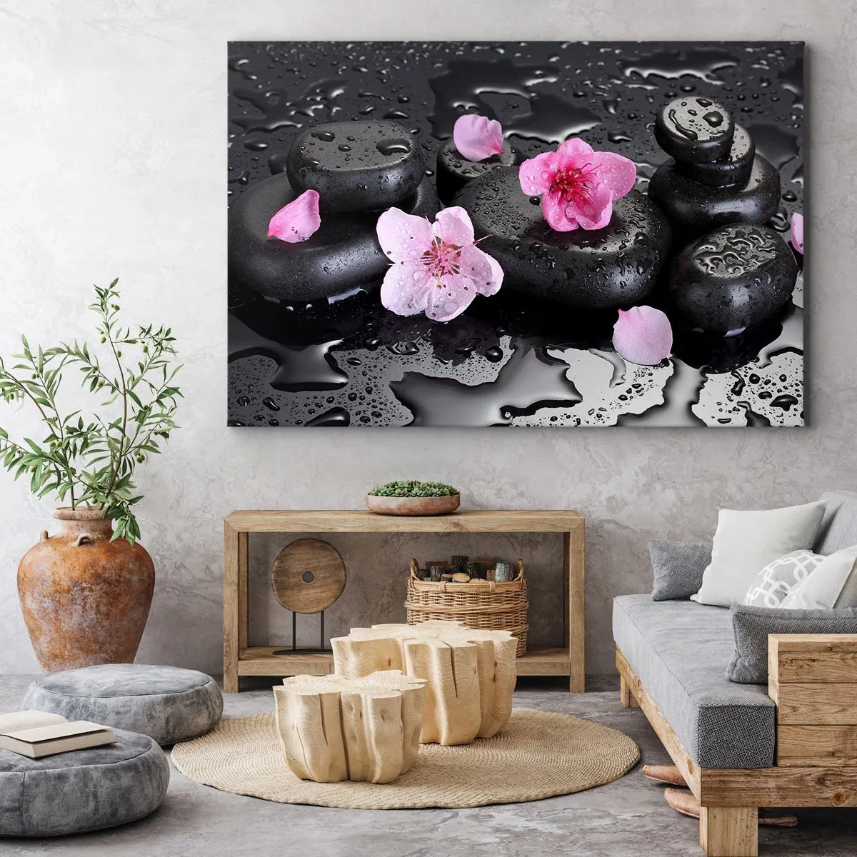 Canvastavla - Bild på duk - Svarta stenar och rosa blommor i spa-stil - 70x50cm - Så faller en sten från hjärtat - Modern väggdekoration för vardagsrum och sovrum ARTTOR
