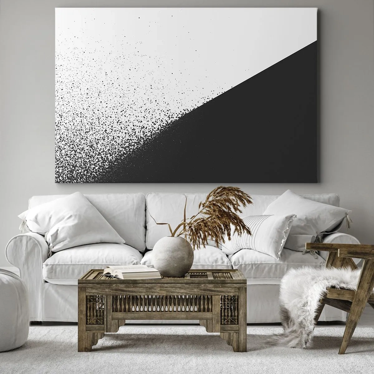 Canvastavla - Bild på duk - Minimalistisk abstraktion i svartvitt med spridda prickar - 70x50cm - Snabbare, mer - Modern väggdekoration för vardagsrum och sovrum ARTTOR
