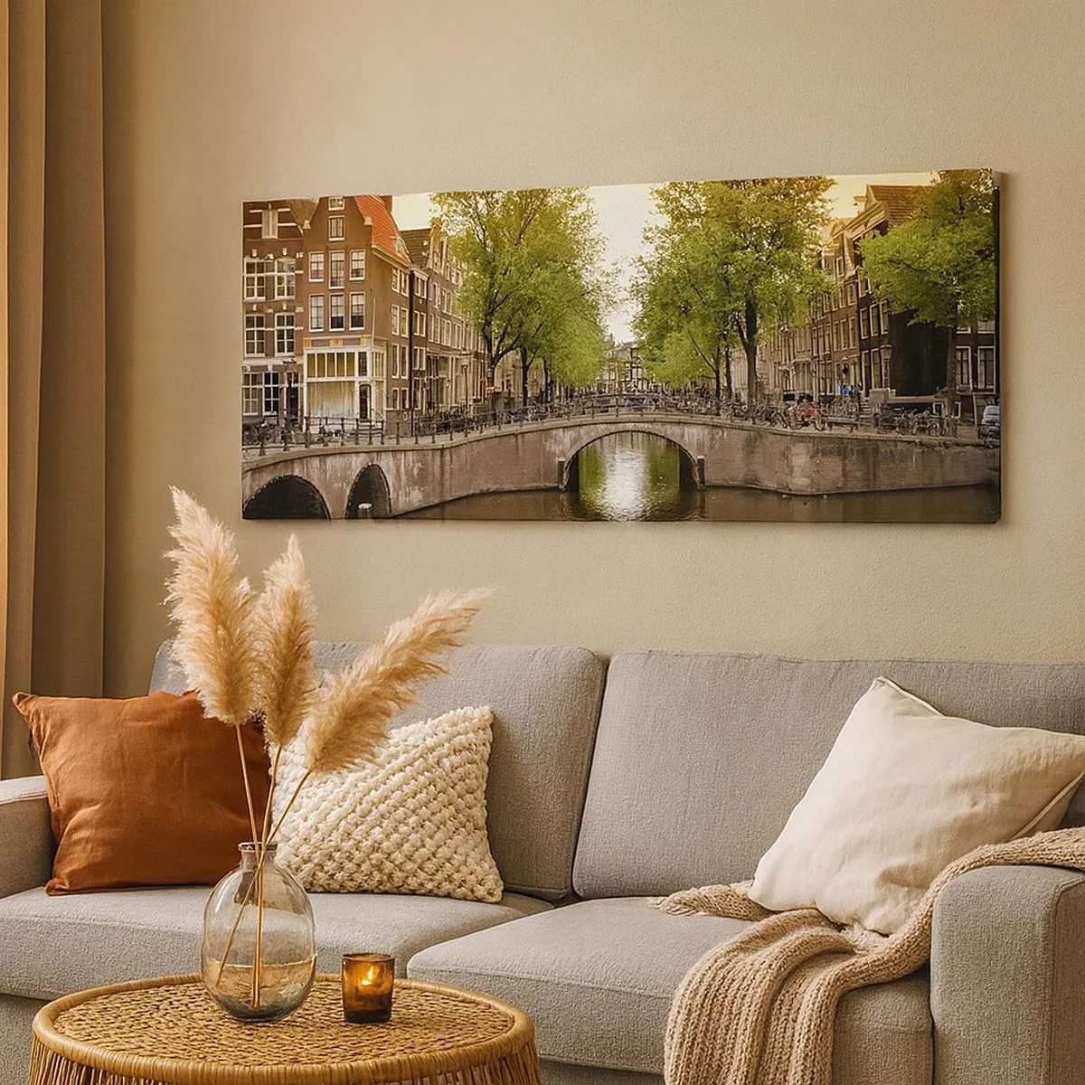 Canvastavla - Bild på duk - Med båt eller cykel? - 100x40 cm