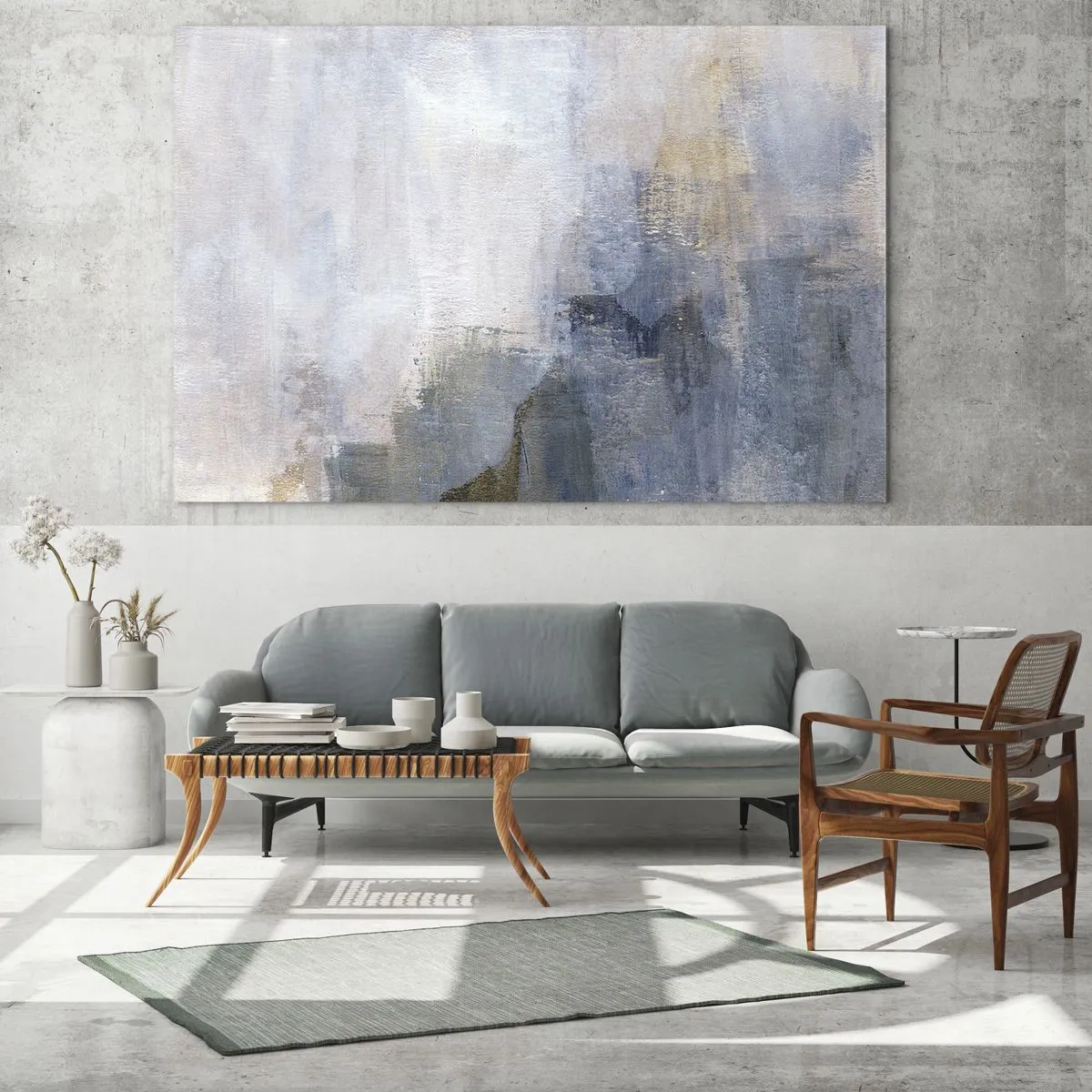 Glastavla - Bild på glas - En abstrakt komposition i svala blå och beige toner. - 70x50cm - Färgernas toner och ackord - Modern väggdekoration för vardagsrum och sovrum ARTTOR