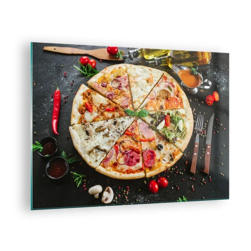 Glastavla - Bild på glas - Pizza i olika smaker med pålägg mot en mörk bakgrund - 70x50cm - Smakurval - Modern väggdekoration för vardagsrum och sovrum ARTTOR
