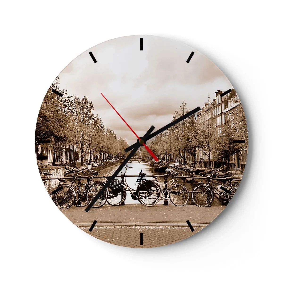 Väggklocka - Klocka på glas - Sepia cykelkanal - 30x30cm - Holländsk stämning - Modern väggdekoration för vardagsrum, kök och sovrum ARTTOR