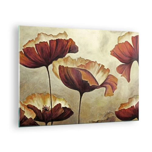 Glastavla - Bild på glas - Vallmoblommor i nyanser av rött och guld mot en ljus bakgrund - 70x50cm - Ängsblommor - Modern väggdekoration för vardagsrum och sovrum ARTTOR
