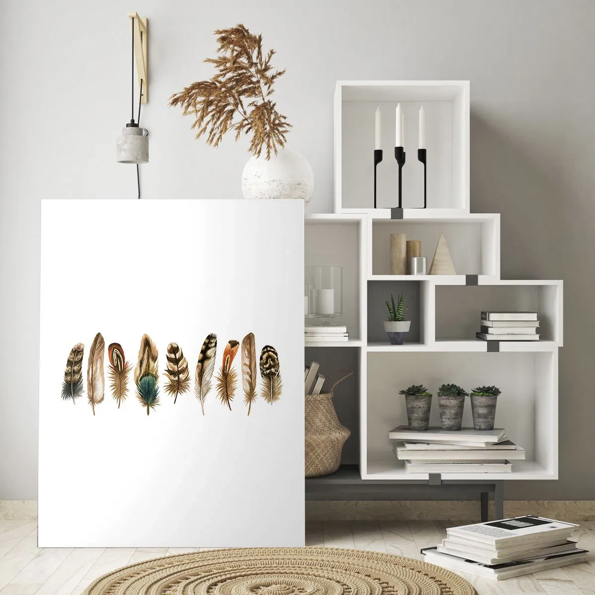 Glastavla - Bild på glas - Fjädervariation - 80x120 cm