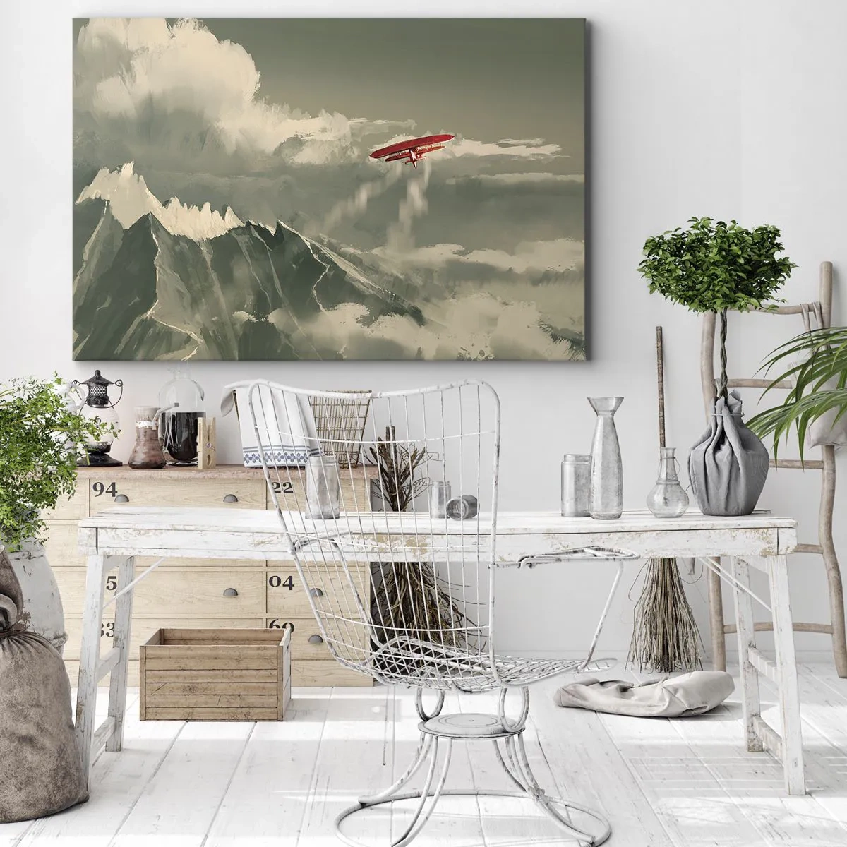 Canvastavla - Bild på duk - Rött flygplan över snötäckta berg - 70x50cm - Orädd pionjär - Modern väggdekoration för vardagsrum och sovrum ARTTOR
