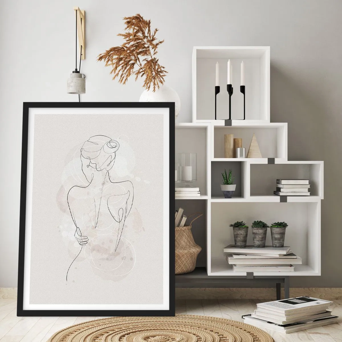 Affisch i svart ram - En delikat feminin silhuett i en kontinuerlig linje - 50x70cm - Som ett känsligt instrument - Modern väggdekoration för vardagsrum och sovrum ARTTOR