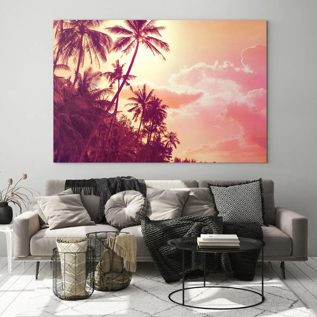 Glastavla - Bild på glas - Tropiska palmer i ljuset av den nedgående solen mot en rosa himmel - 70x50cm - Du måste välja - Modern väggdekoration för vardagsrum och sovrum ARTTOR