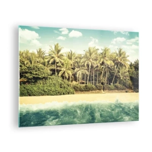 Glastavla - Bild på glas - En exotisk strand med palmer och ett turkost hav på en solig dag - 70x50cm - Kanske här? - Modern väggdekoration för vardagsrum och sovrum ARTTOR