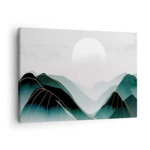 Canvastavla - Bild på duk - Abstrakt bergslandskap med månen och gyllene linjer - 70x50cm - I fullt majestät - Modern väggdekoration för vardagsrum och sovrum ARTTOR