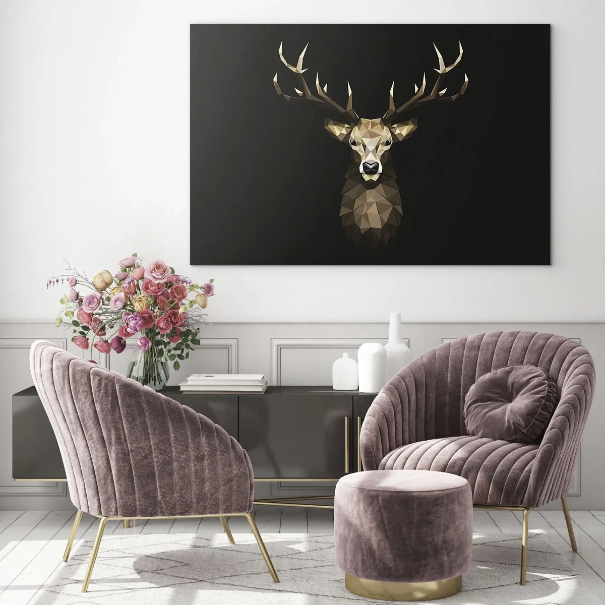Glastavla - Bild på glas - Geometrisk hjort på svart bakgrund - 70x50cm - Kubistisk hjort - Modern väggdekoration för vardagsrum och sovrum ARTTOR