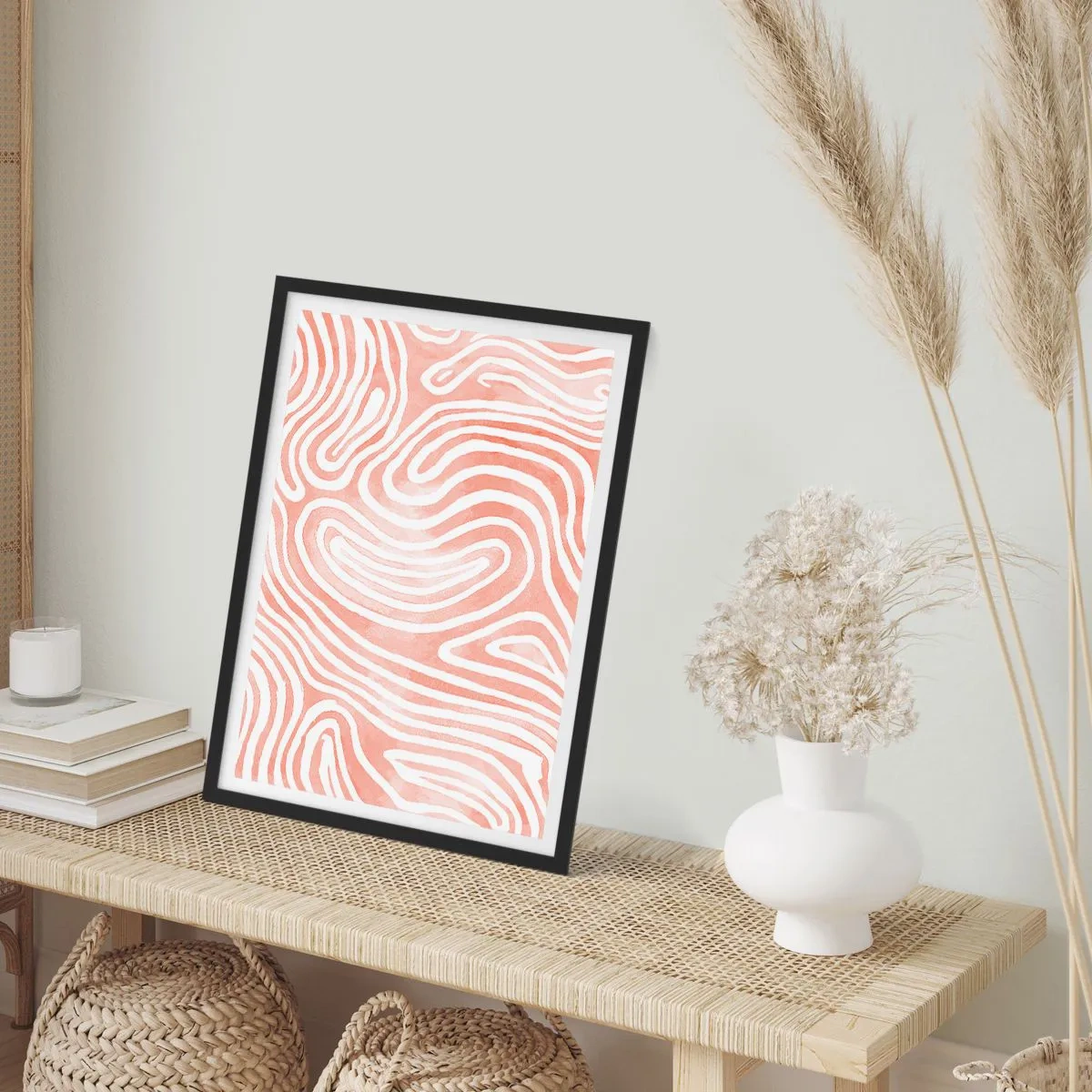 Affisch i svart ram - Abstrakta linjer i nyanser av lax och vitt - 50x70cm - I en labyrint av koraller - Modern väggdekoration för vardagsrum och sovrum ARTTOR
