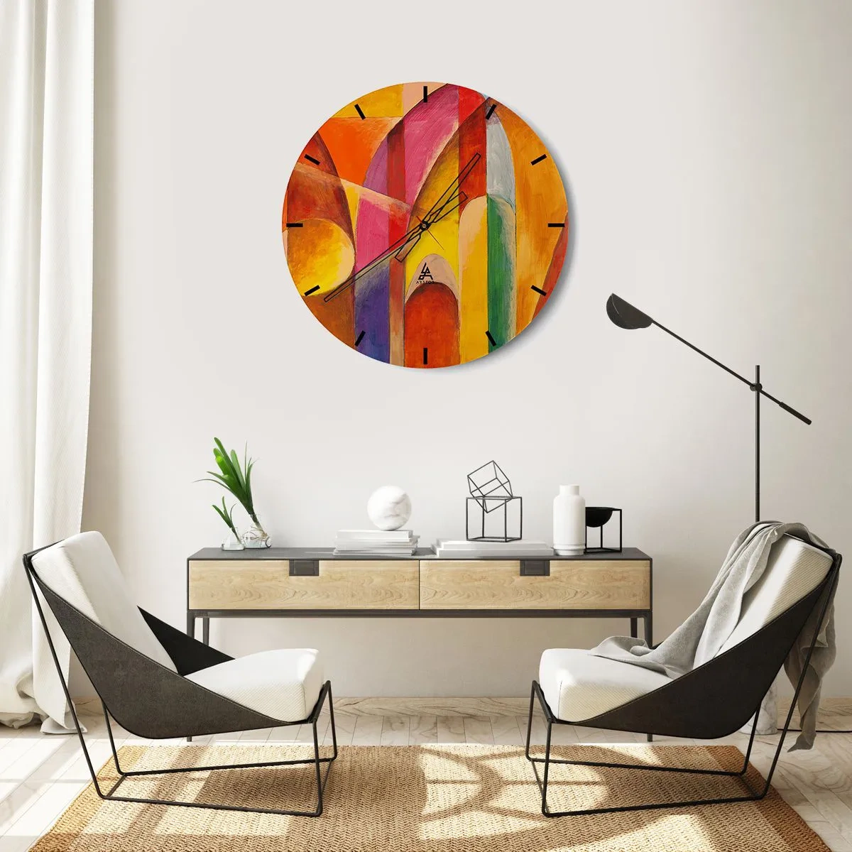 Väggklocka - Klocka på glas - Färgglad abstraktion med geometriska former - 30x30cm - Solens domkyrka - Modern väggdekoration för vardagsrum, kök och sovrum ARTTOR
