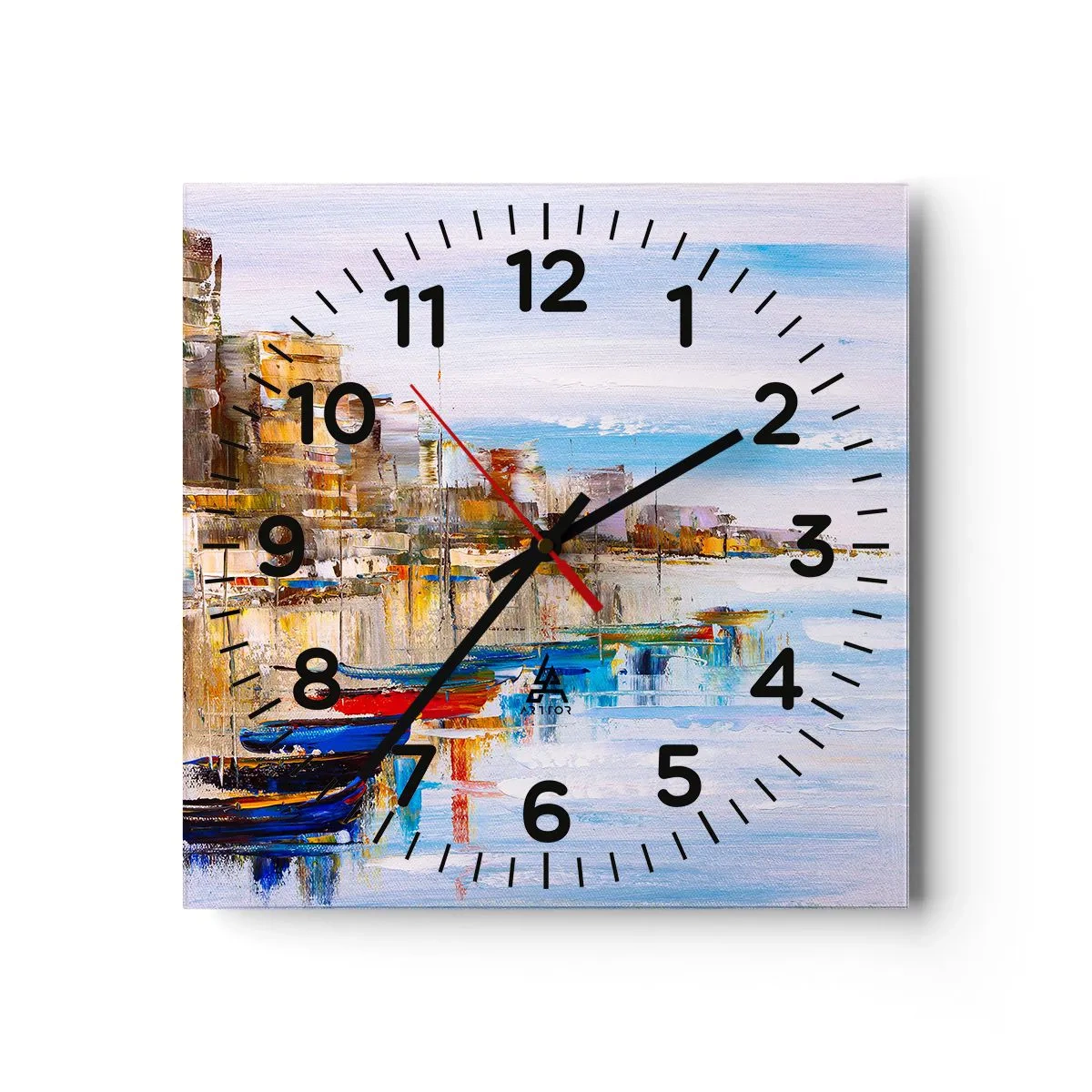 Väggklocka - Klocka på glas - Flerfärgad urban hamn - 30x30 cm