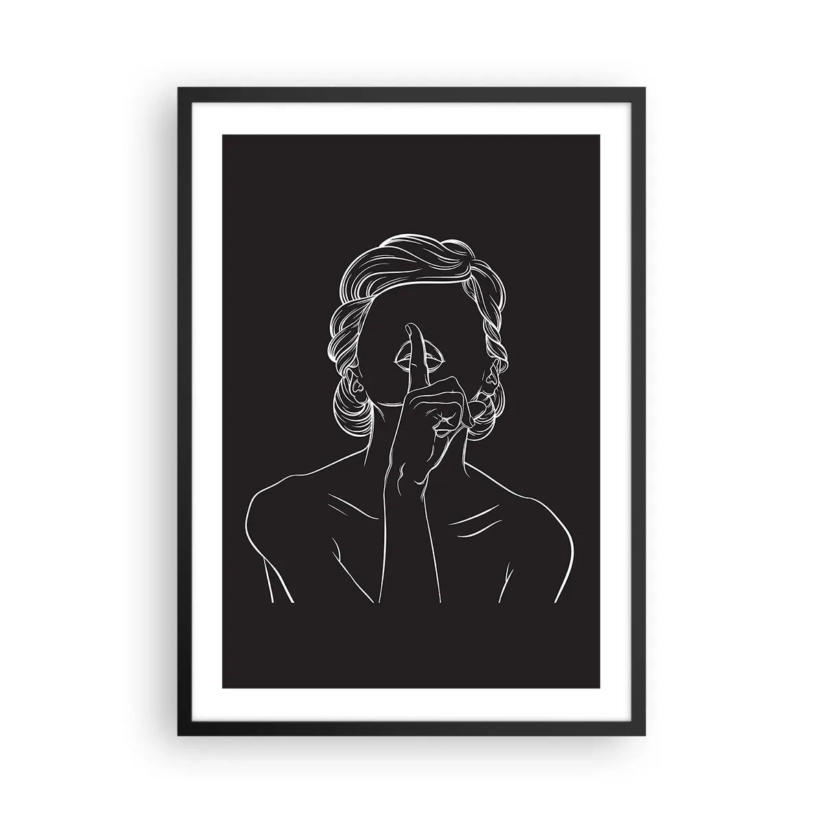 Affisch i svart ram - En minimalistisk illustration av en kvinna som gör en tystnadsgest mot en svart bakgrund. - 50x70cm - Skönhet blommar i tystnad - Modern väggdekoration för vardagsrum och sovrum ARTTOR