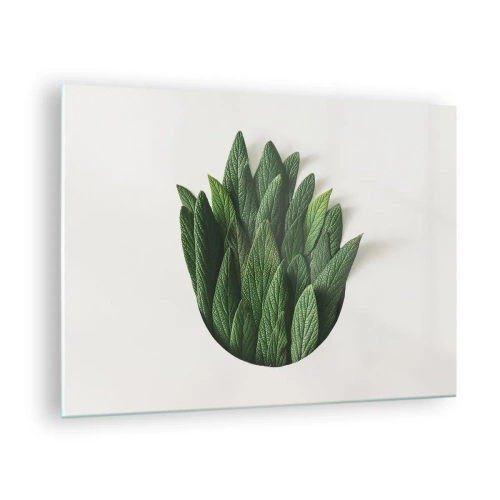 Glastavla - Bild på glas - Gröna blad arrangerade i form av en vas på en vit bakgrund - 70x50cm - Ostoppbar nyfikenhet - Modern väggdekoration för vardagsrum och sovrum ARTTOR