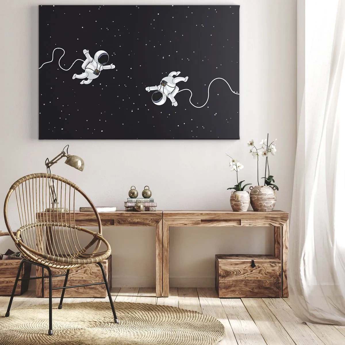Canvastavla - Bild på duk - Astronauter som svävar i rymden mot en bakgrund av stjärnor - 70x50cm - Rymddans - Modern väggdekoration för vardagsrum och sovrum ARTTOR