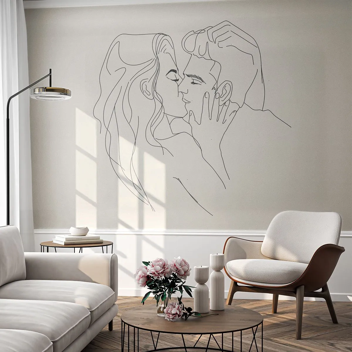 Självhäftande Fototapet Deluxe Sticker - I kärlekens famn - Grafik, Förälskade par, Kyss - 250x175 cm