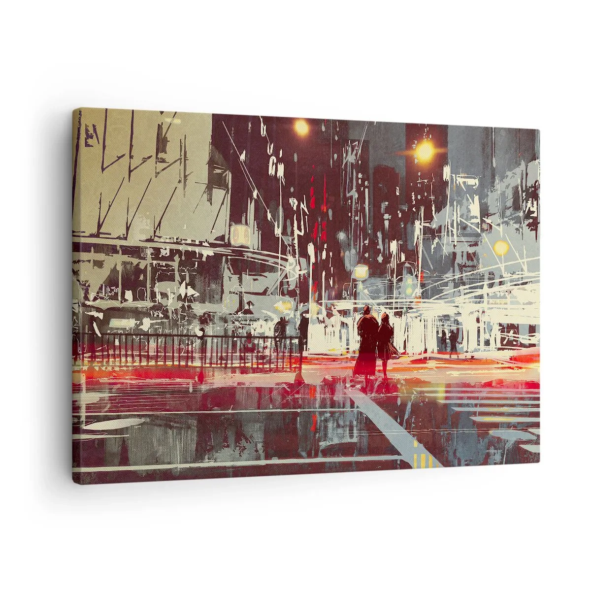 Canvastavla - Bild på duk - Stad på natten med neonljus och silhuetter av människor på gatan - 70x50cm - Storstads passage - Modern väggdekoration för vardagsrum och sovrum ARTTOR