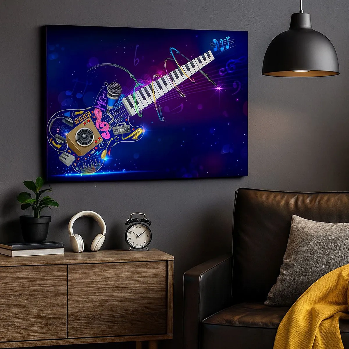 Canvastavla - Bild på duk - En färgglad gitarr med ett keyboard och en mikrofon mot en mörk bakgrund. - 70x50cm - Allt väl - Modern väggdekoration för vardagsrum och sovrum ARTTOR