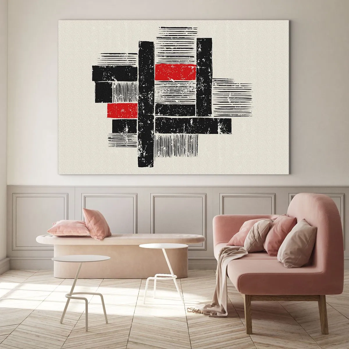 Glastavla - Bild på glas - Abstrakta ränder i svart och rött - 70x50cm - Rött och svart - Modern väggdekoration för vardagsrum och sovrum ARTTOR