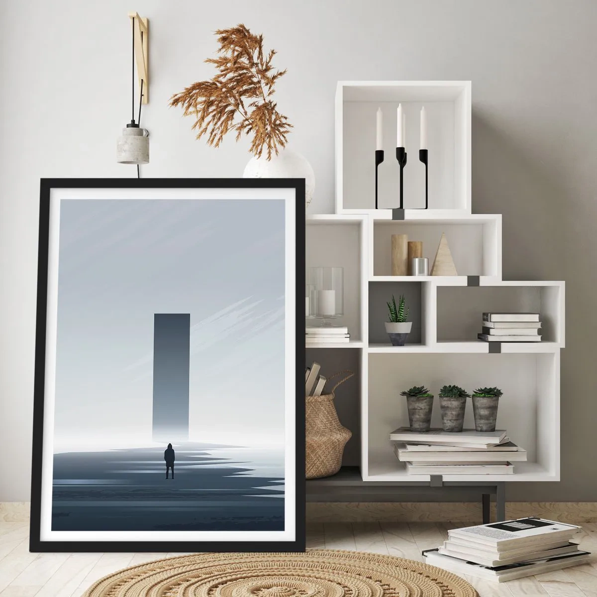 Affisch i svart ram - En minimalistisk scen med en mystisk monolit i kalla toner. - 50x70cm - Möjlighet eller hot? - Modern väggdekoration för vardagsrum och sovrum ARTTOR