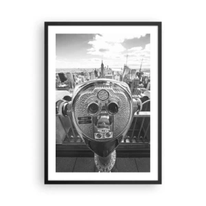 Affisch i svart ram - En monokromatisk vy över New York City med kikare i förgrunden. - 50x70cm - Stad över städerna - Modern väggdekoration för vardagsrum och sovrum ARTTOR