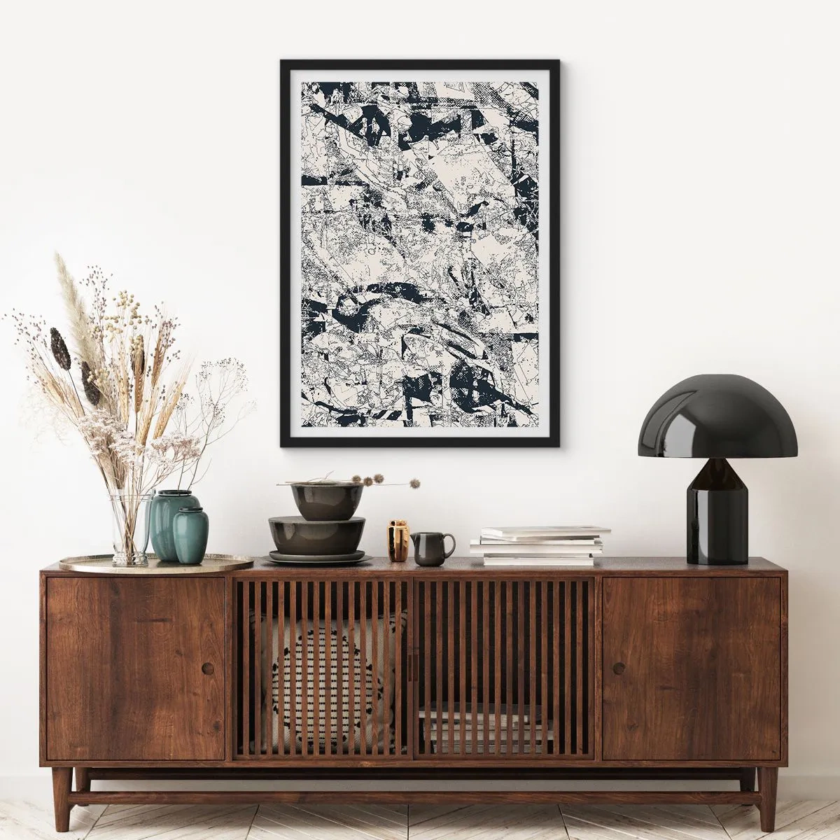Affisch i svart ram - Abstrakt svartvit texturerad komposition - 50x70cm - Motsatsernas interpenetration - Modern väggdekoration för vardagsrum och sovrum ARTTOR