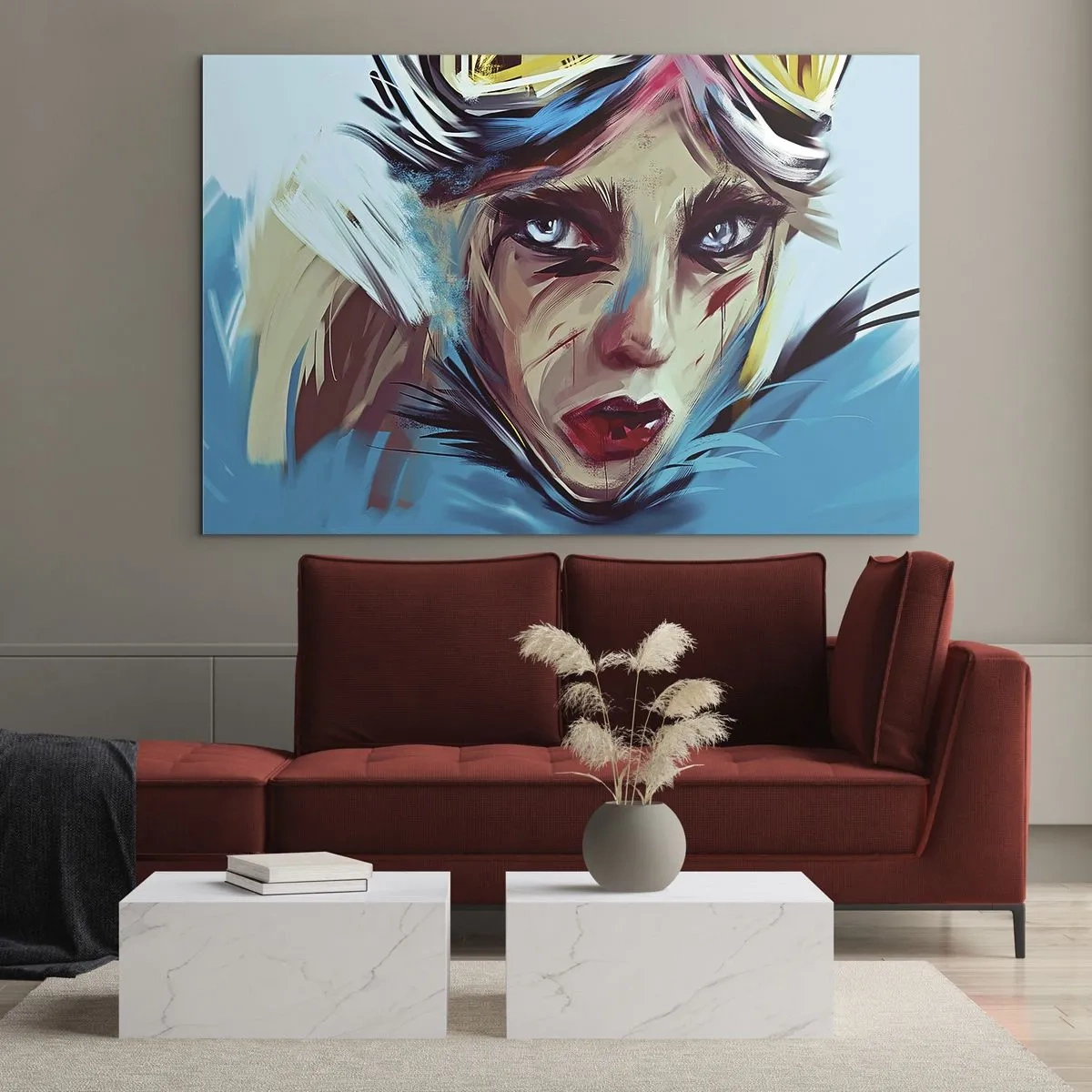 Glastavla - Bild på glas - Porträtt av en kvinna med skyddsglasögon och blå penseldrag - 70x50cm - Vägkämpe - Modern väggdekoration för vardagsrum och sovrum ARTTOR