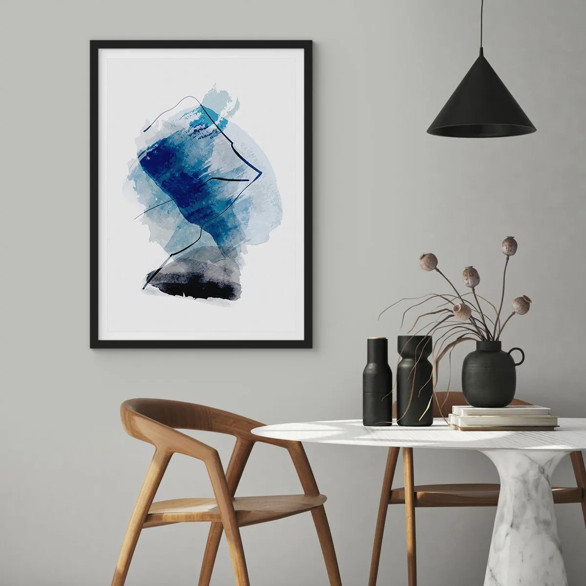 Affisch i svart ram - Abstraktion i blå nyanser med svarta linjer - 50x70cm - Isberg - Modern väggdekoration för vardagsrum och sovrum ARTTOR