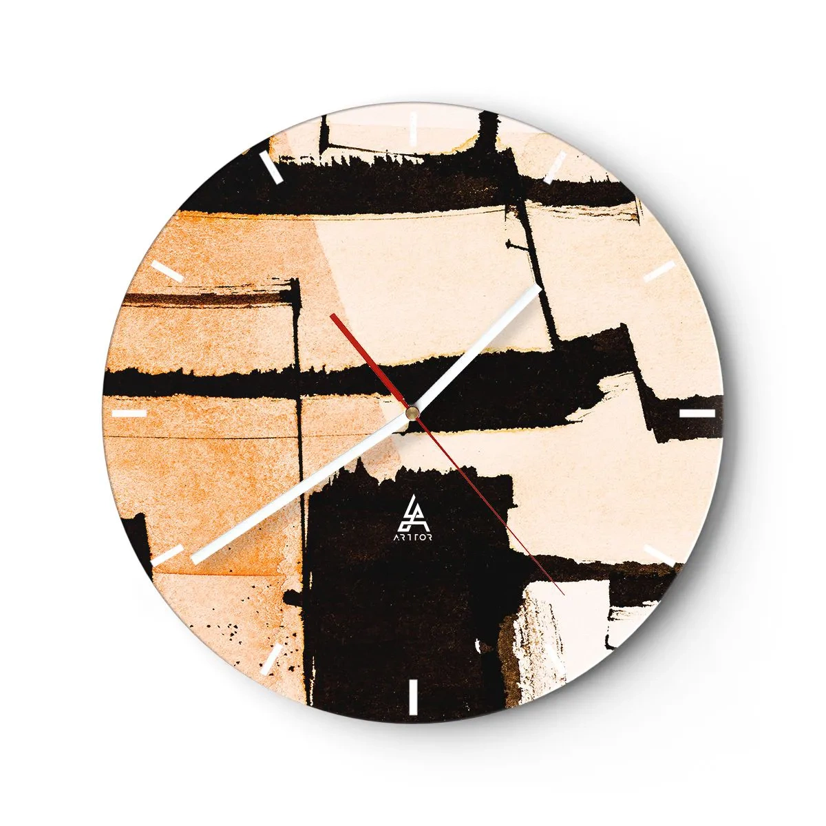 Väggklocka - Klocka på glas - Abstrakt geometrisk komposition i beige och svart - 30x30cm - Ändå ordning - Modern väggdekoration för vardagsrum, kök och sovrum ARTTOR