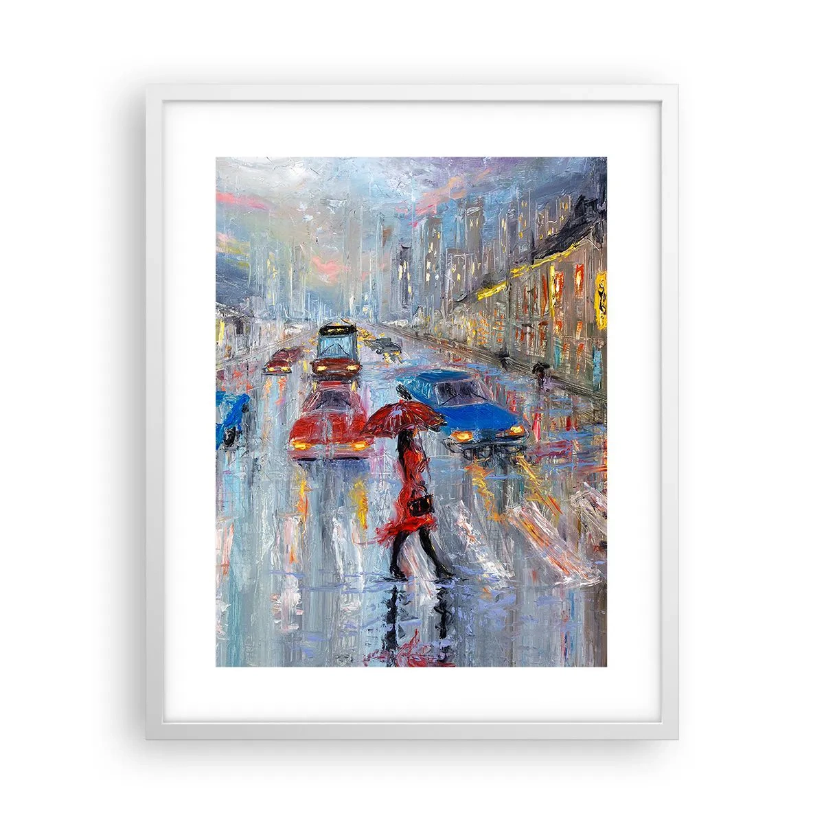 Affisch i vit ram - Regnig eftermiddag i staden - 40x50 cm