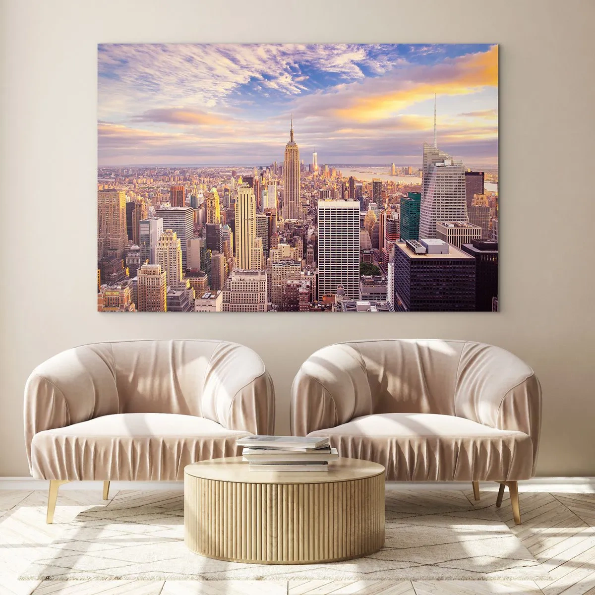 Glastavla - Bild på glas - Stadspanorama med skyskrapor vid solnedgången - 70x50cm - Nå ut till molnen - Modern väggdekoration för vardagsrum och sovrum ARTTOR