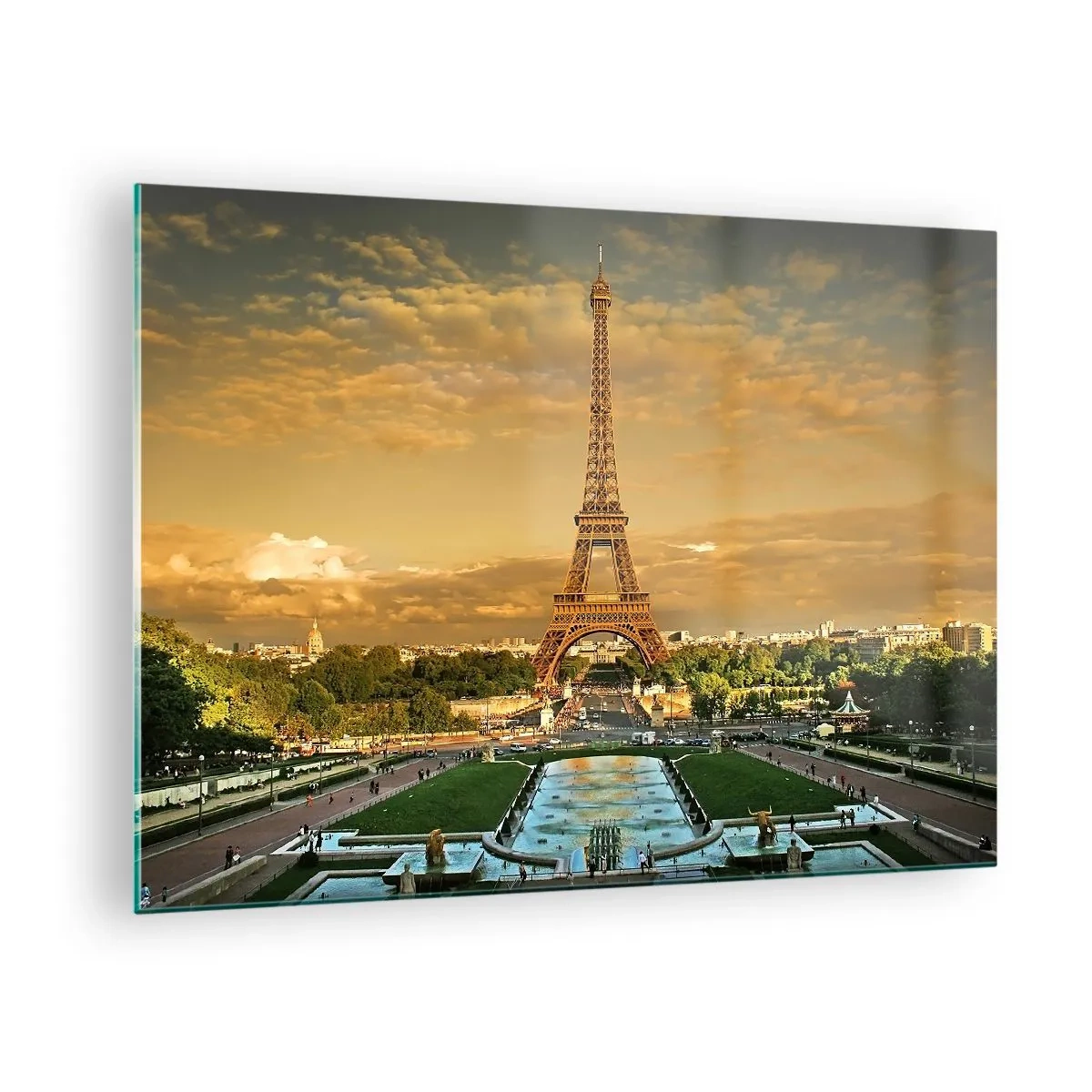 Glastavla - Bild på glas - Eiffeltornet omgivet av parisiska trädgårdar vid solnedgången - 70x50cm - Paris drottning - Modern väggdekoration för vardagsrum och sovrum ARTTOR