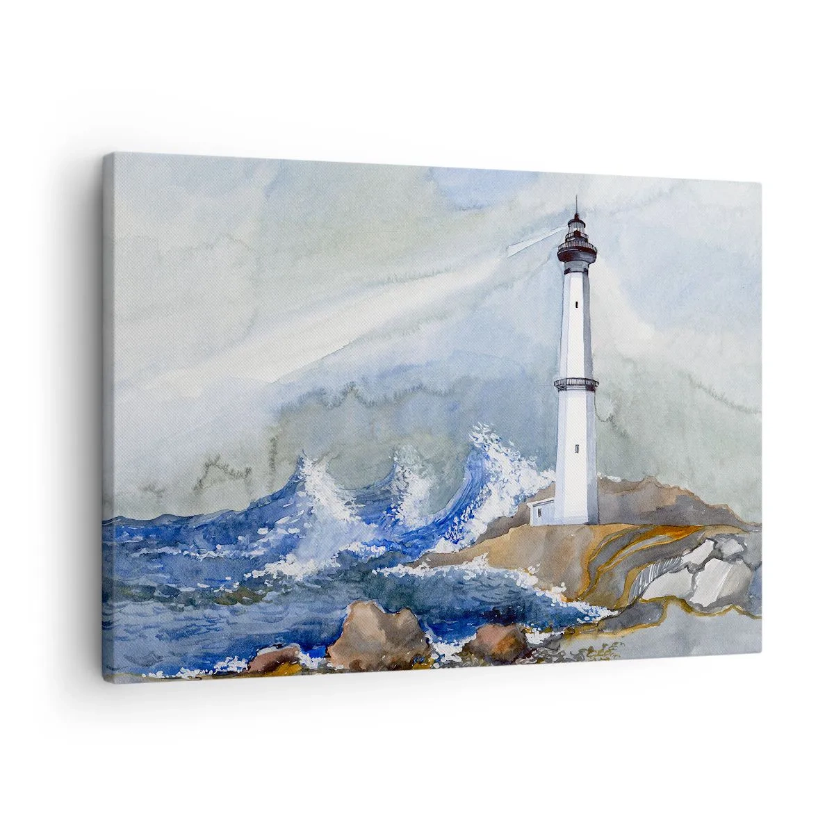 Canvastavla - Bild på duk - En fyr på en klippig strand med ett grovt hav - 70x50cm - Mot mörkret och stormen - Modern väggdekoration för vardagsrum och sovrum ARTTOR